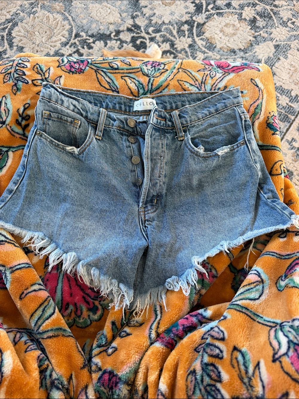 CELLO Distressed High-Rise Frayed Hem Denim Shorts in Blue
